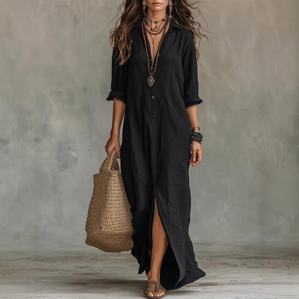 Robe élégante et simple, coupe ample, mi-longue, couleur unie, chemise à manches longues, poche boutonnée, légère