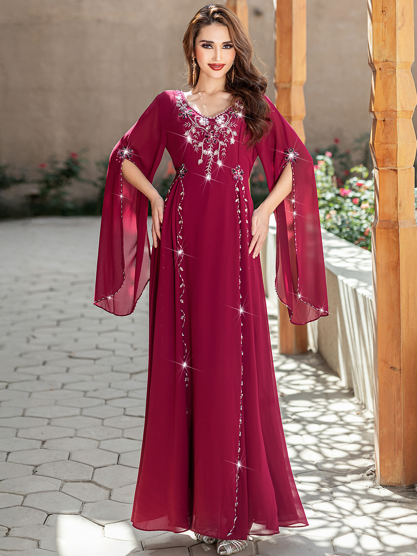 Robe Eid pour femmes diamant col en V en mousseline de soie Abaya robes longues de fête Robe musulmane Jalabiya Ramadan maroc 2025 robes Largos