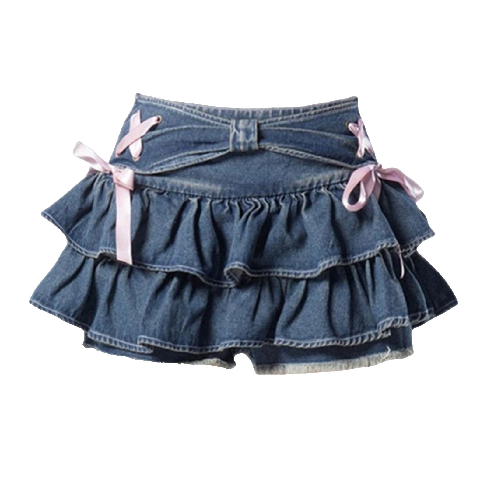 Femmes Y2k Denim Mini Jupe Doux À Volants Kawaii Arc Coquette Jupe Vintage D'été Cutecore A-ligne Jean Court Harajuku Jupes