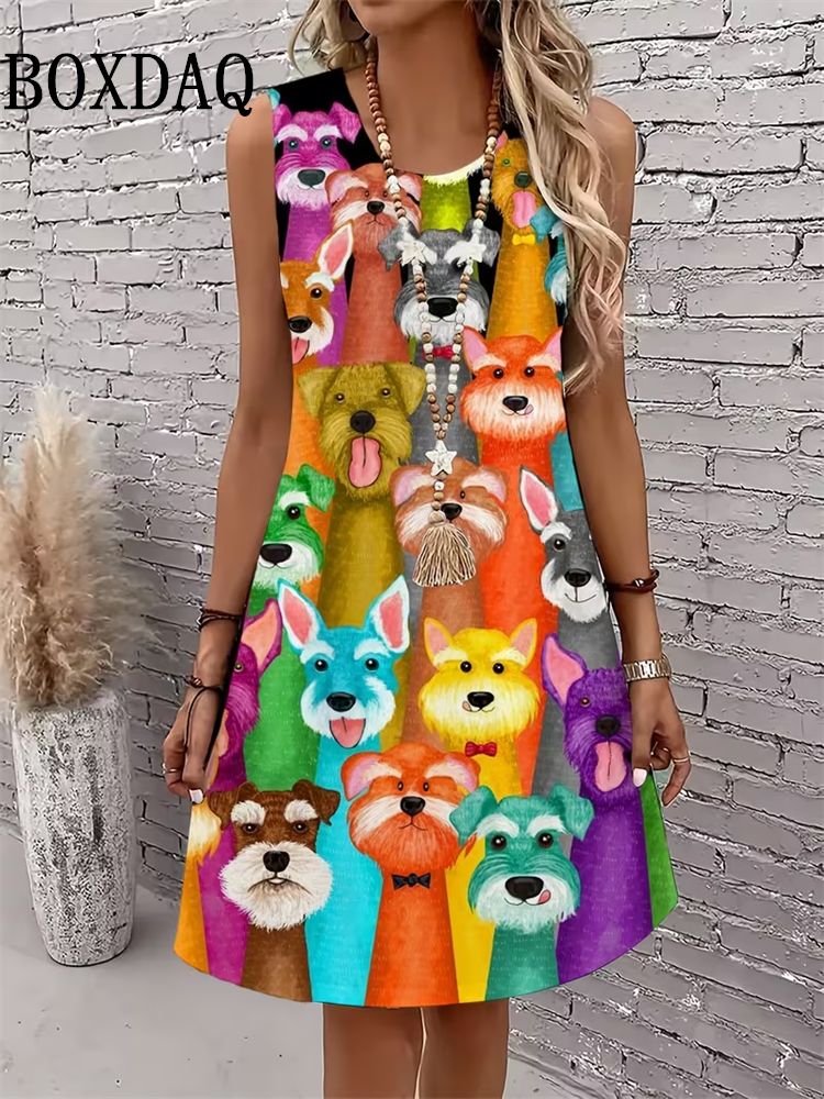 Robe d'été 2026 pour femme, motif chat abstrait, sans manches, ample, décontractée, imprimé graffiti 3D, grande taille