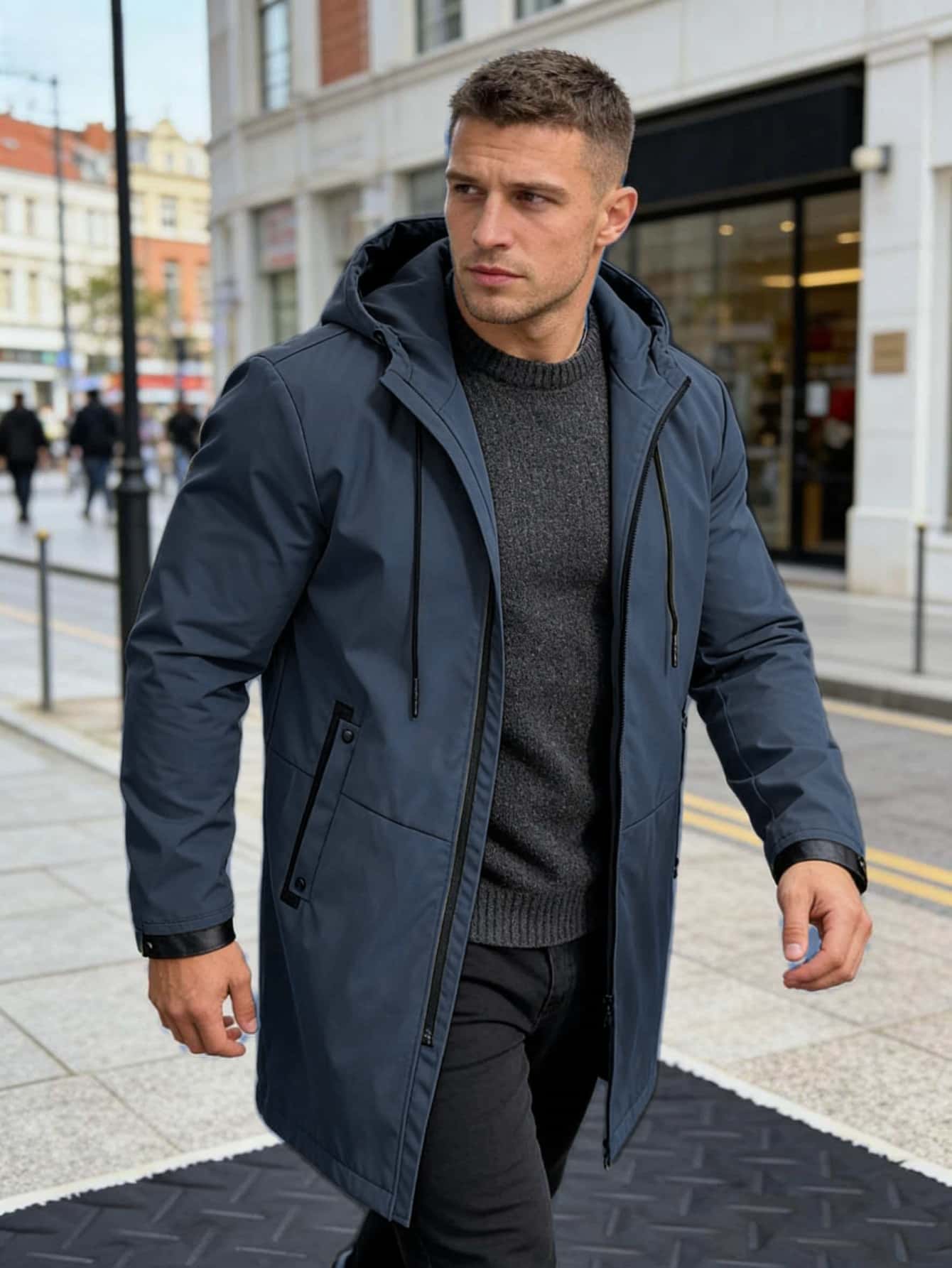 Parka longue à capuche pour homme noir, coupe-vent mi-longue décontractée urbaine avec capuche ajustable et poches zippées