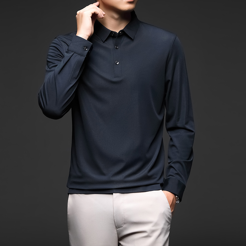 Minglu – Polo à manches longues en soie pour homme, haut de luxe, couleur unie, style décontracté, idéal pour le Golf, le printemps et l'automne