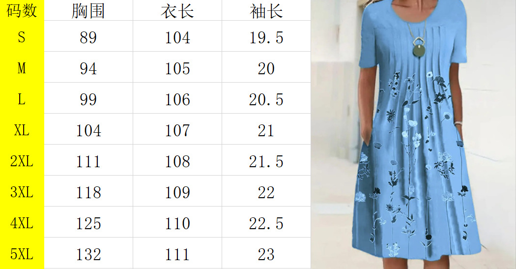 Robes pour femmes 2026 Printemps-Été, imprimé floral, manches courtes, col rond, poches, longueur genou, pour vêtements féminins