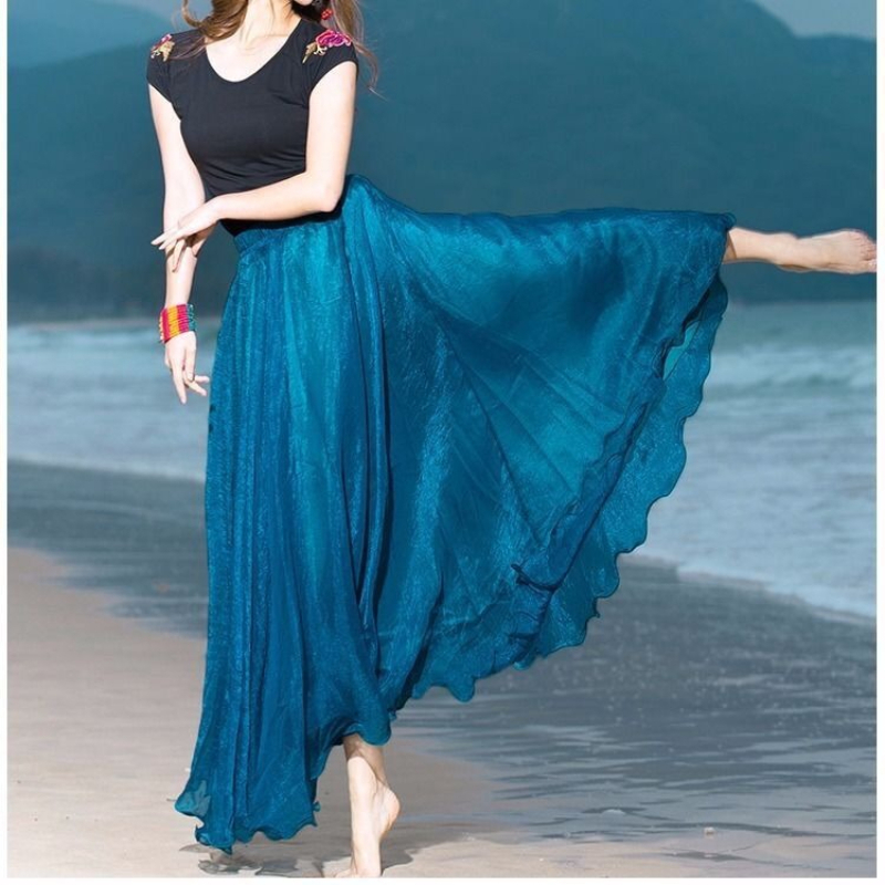 Jupes pour femmes Nouveauté 2026 Été Taille élastique Élégante Vacances en bord de mer Bohème Longue jupe en mousseline Grande taille Femme