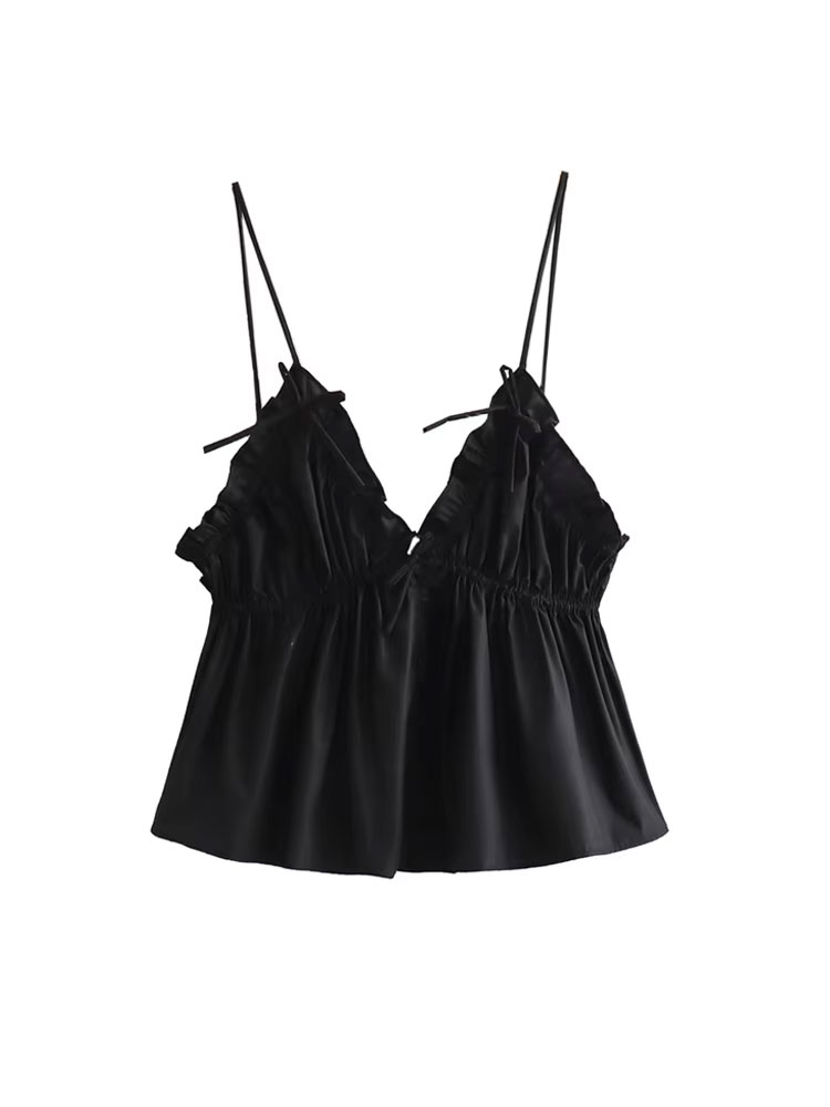 Débardeur Sexy à volants et col en v pour femmes, mode, nœud noué, bretelles fines, dos nu, Camisole
