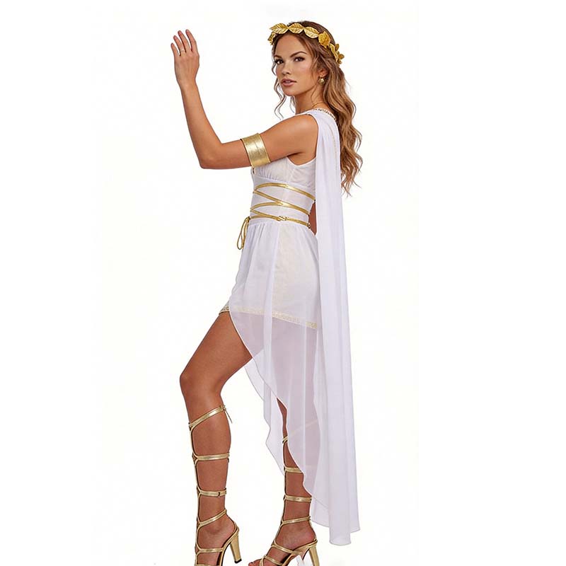 Costume de déesse grecque romaine sexy pour femmes, robe tunique blanche et noire avec cape, bordure dorée, tenues de fête d'Halloween et de carnaval