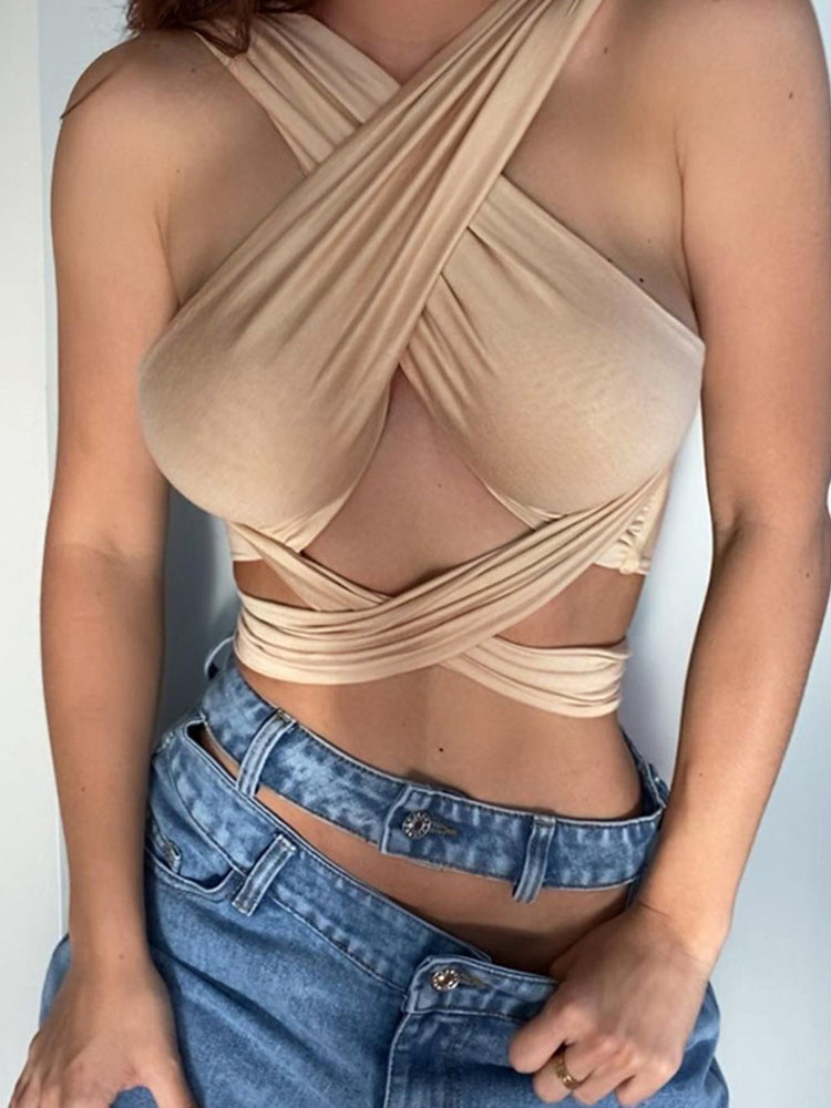 Haut court à bretelles croisées sur le devant pour femmes, col licou découpé, dos rond, bandage sexy, vêtements d'été