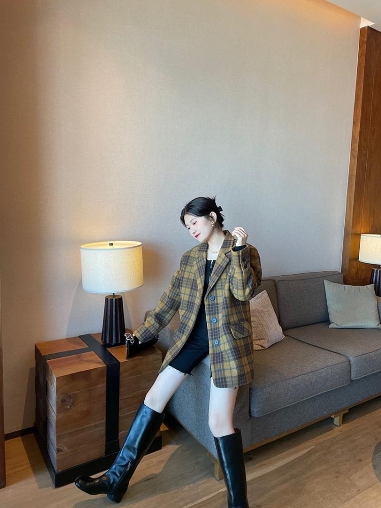 Manteau en laine à carreaux mi-long pour femme, veste chaude de Style coréen, veste à carreaux jaune et marron tendance, automne-hiver 2025