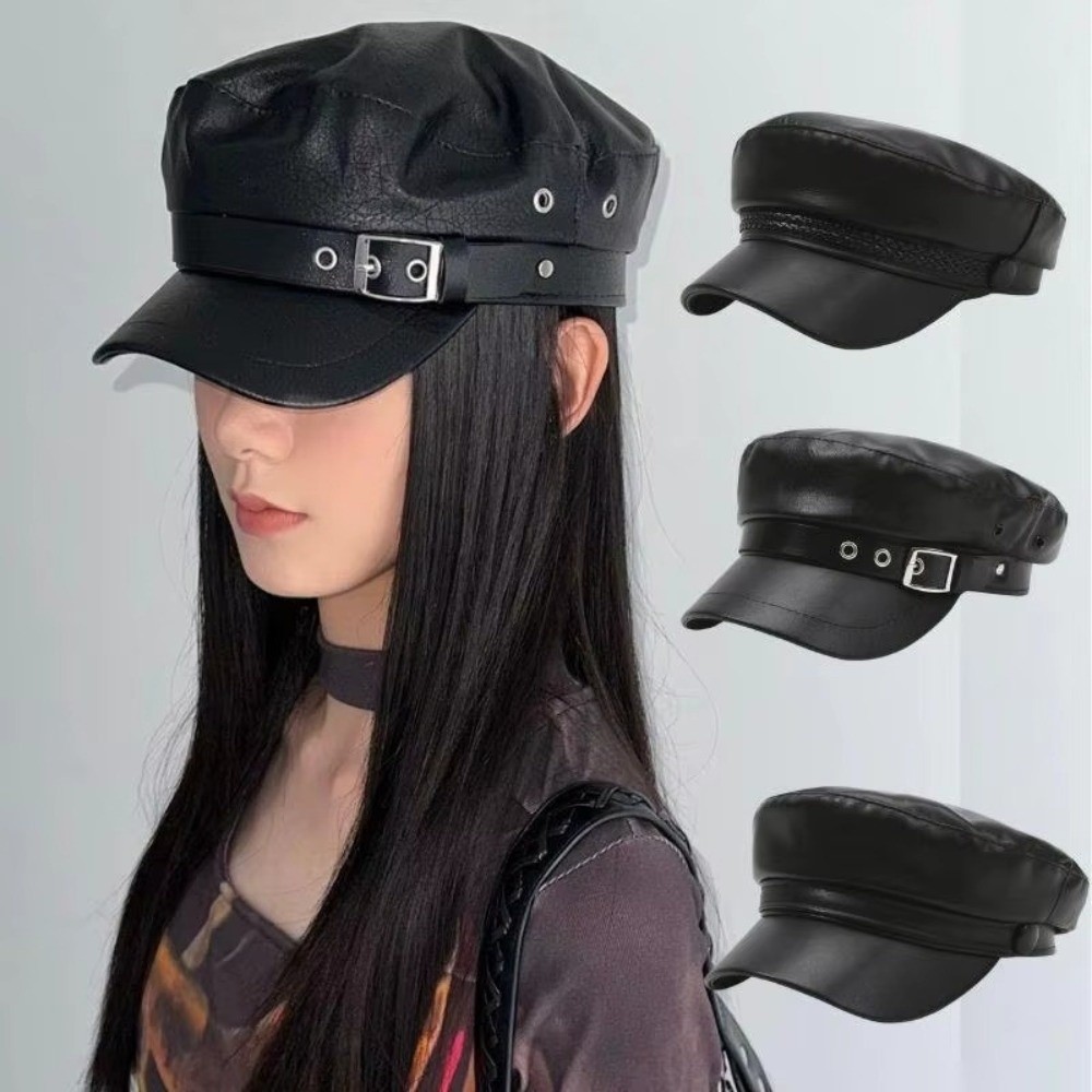 Béret classique à visière plate en cuir PU noir, style marin, chapeau de peintre punk, réglable
