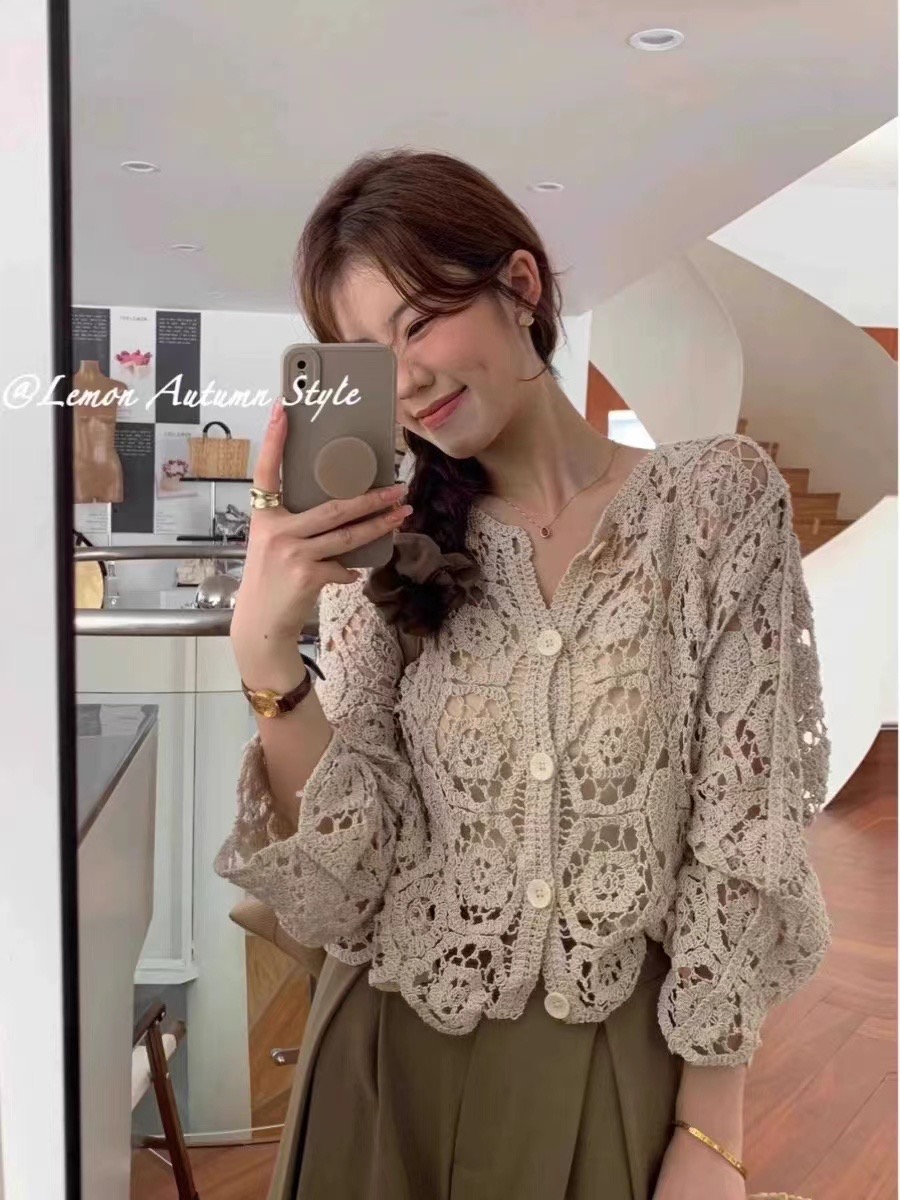 Manches longues Crochet haut en tricot plage Bikini couvrir boutonné Cardigan Blouse femmes blusas para mujer vacances Boho tenue