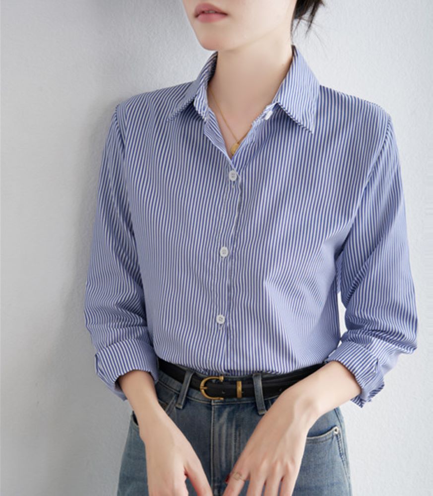 Chemise à rayures bleues pour femmes, ample, décontractée, manches longues, vêtements à la mode pour dames, vêtements de bureau, printemps automne