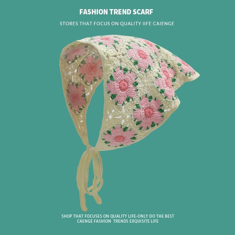 2026 Bandeau triangulaire ajouré en crochet fait main, style coréen, doux et mignon, pour femme, foulard pour cheveux, idéal pour la photographie