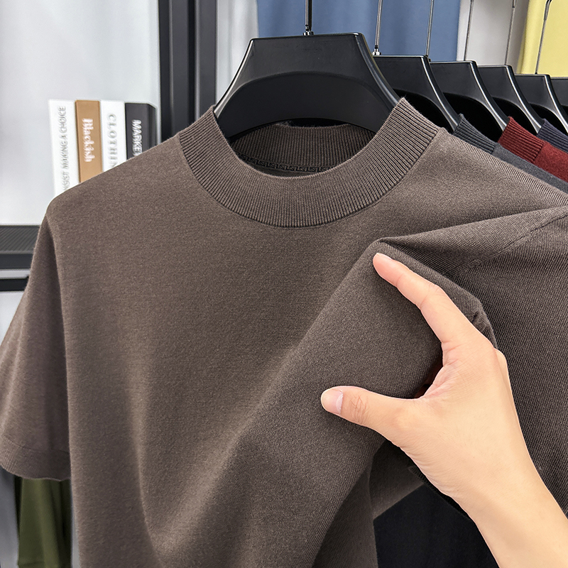 Soie laine hommes Tops basiques Sprig automne décontracté col montant mince tricot t-shirt à manches courtes tricots pull laine chemises minces