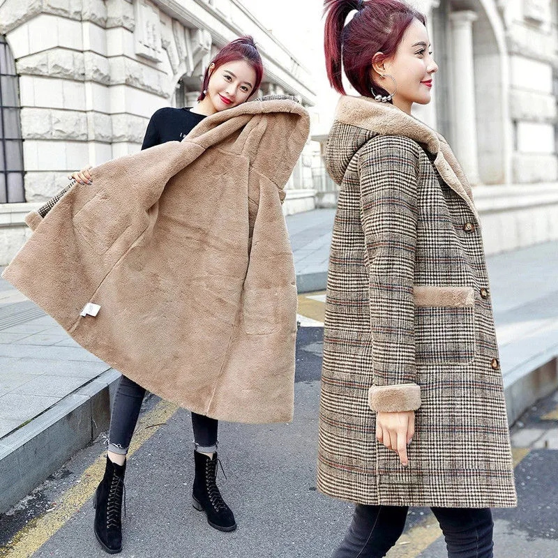 Nouveau Manteau Long Hiver 2026 pour Femme, à Capuche, Épais et Chaud, en Laine à Carreaux et Fourrure de Lapin, Style H, Haute Qualité