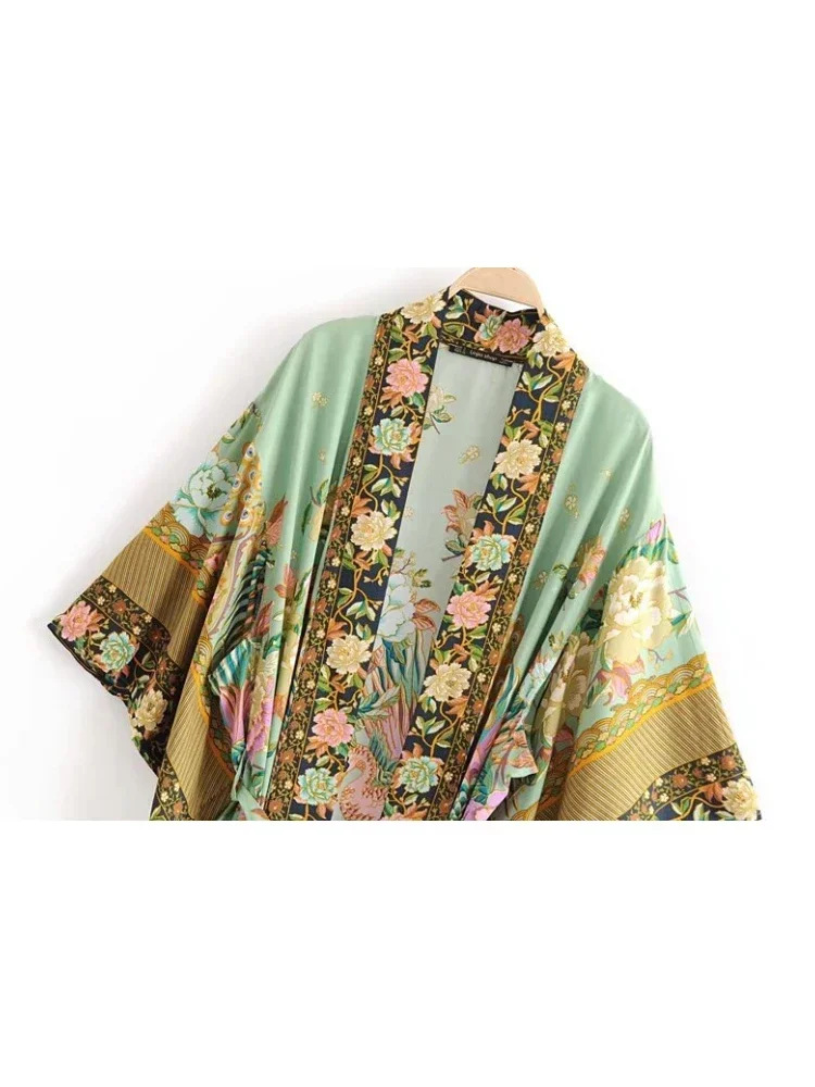 Paon imprimé fleuri manches chauve-souris plage bohème Kimono Robe pour femmes dames vêtements de plage Robe d'été Bikini Boho couvertures