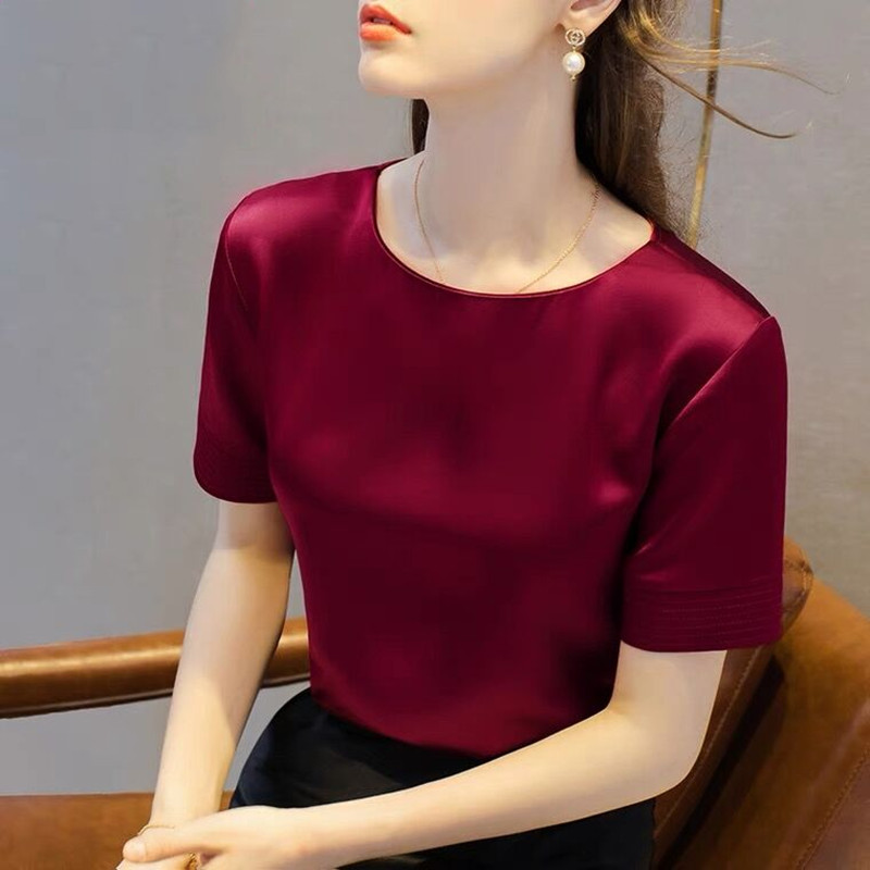 T-shirts en satin d'acétate pour femmes, chemisiers en satin de soie élégants et décontractés de haute qualité, hauts coréens d'été 2026, vêtements féminins