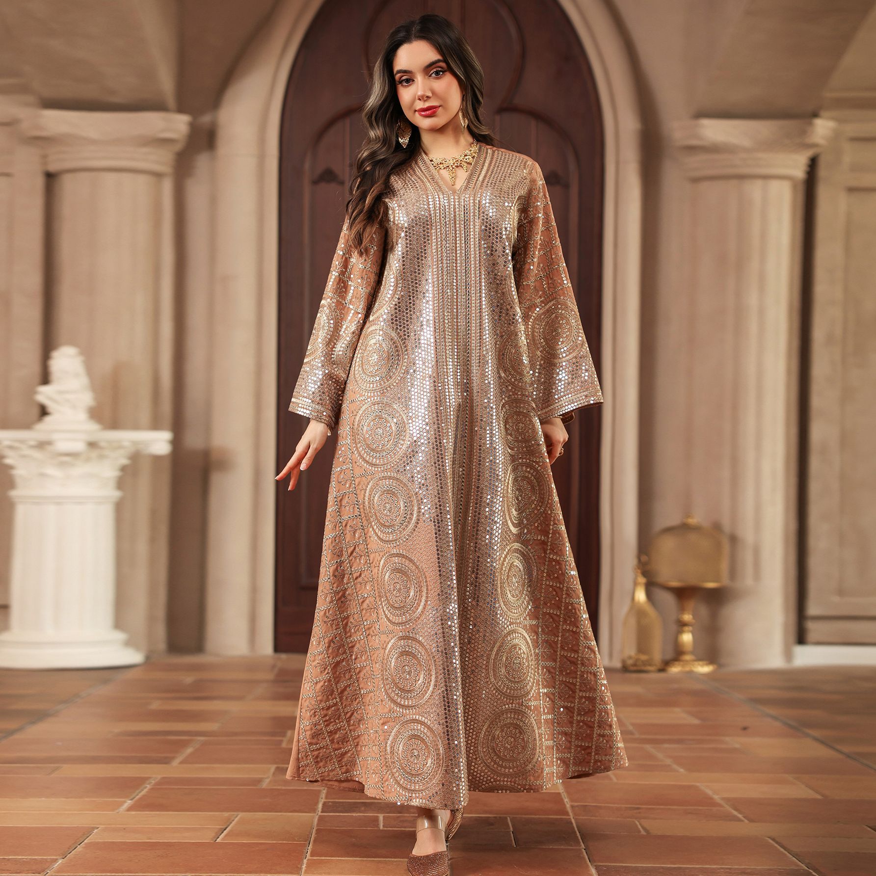 Robe longue de fête pour femme musulmane, Abaya, Kaftan, Jalabiya, Robe arabe, brodée de sequins, pour l'Aïd et le Ramadan, style Maroc Dubaï 2026
