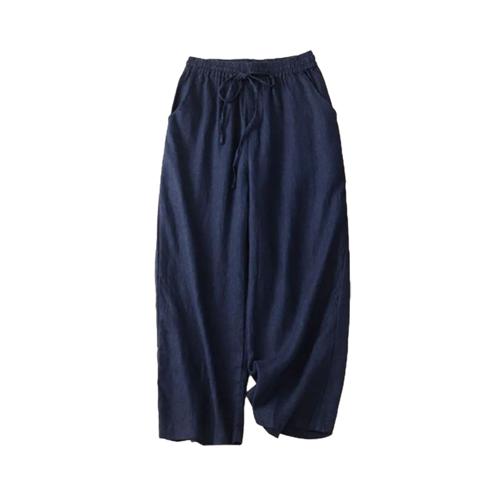Pantalon en lin de coton pour femme, pantalon à jambes larges, pantalon à longueur de rinçage, vêtements élastiques, monochromatique, mode décontractée