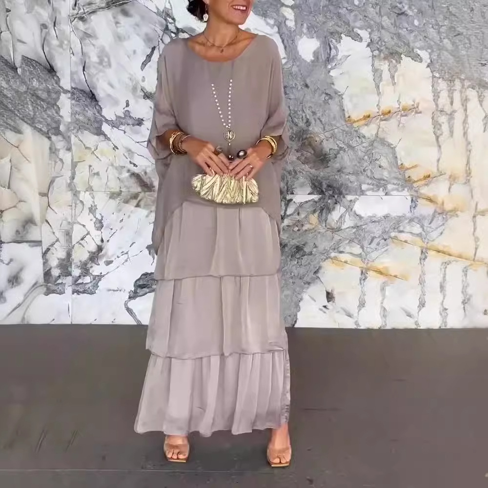 Robe longue élégante en mousseline à imprimé floral pour femme, style bohème, col rond, manches chauve-souris mi-longues, jupe superposée, collection printemps
