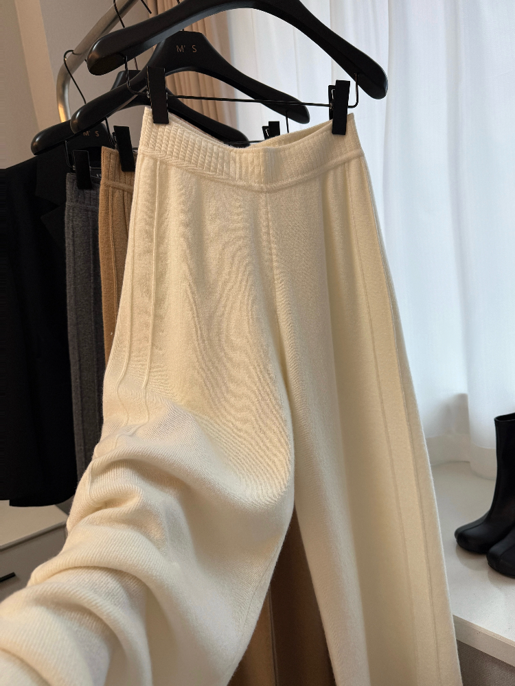 Pantalon à jambes larges tricoté en cachemire pour femmes, taille haute, Style drapé, épais, longueur au sol, adapté aux vêtements d'extérieur