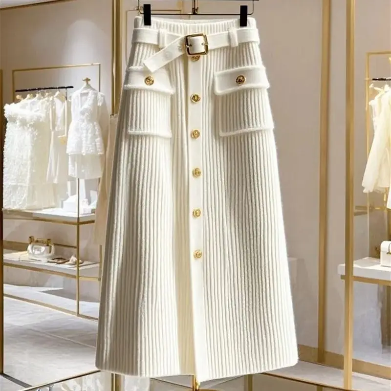 Jupe tricotée élégante haut de gamme pour femmes, tenue de bureau, taille haute, mode, simple boutonnage, Slim, enveloppée sur les hanches, mi-longue, nouvelle collection