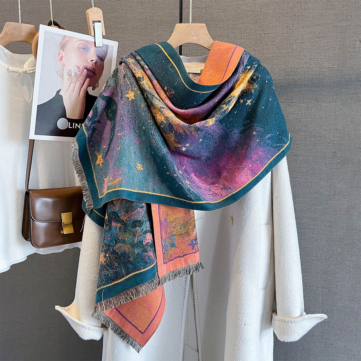 Écharpe chaude automne/hiver 185x65cm, châle à pampilles imprimé étoiles, Imitation cachemire épais, couverture coupe-vent résistante au froid pour femmes
