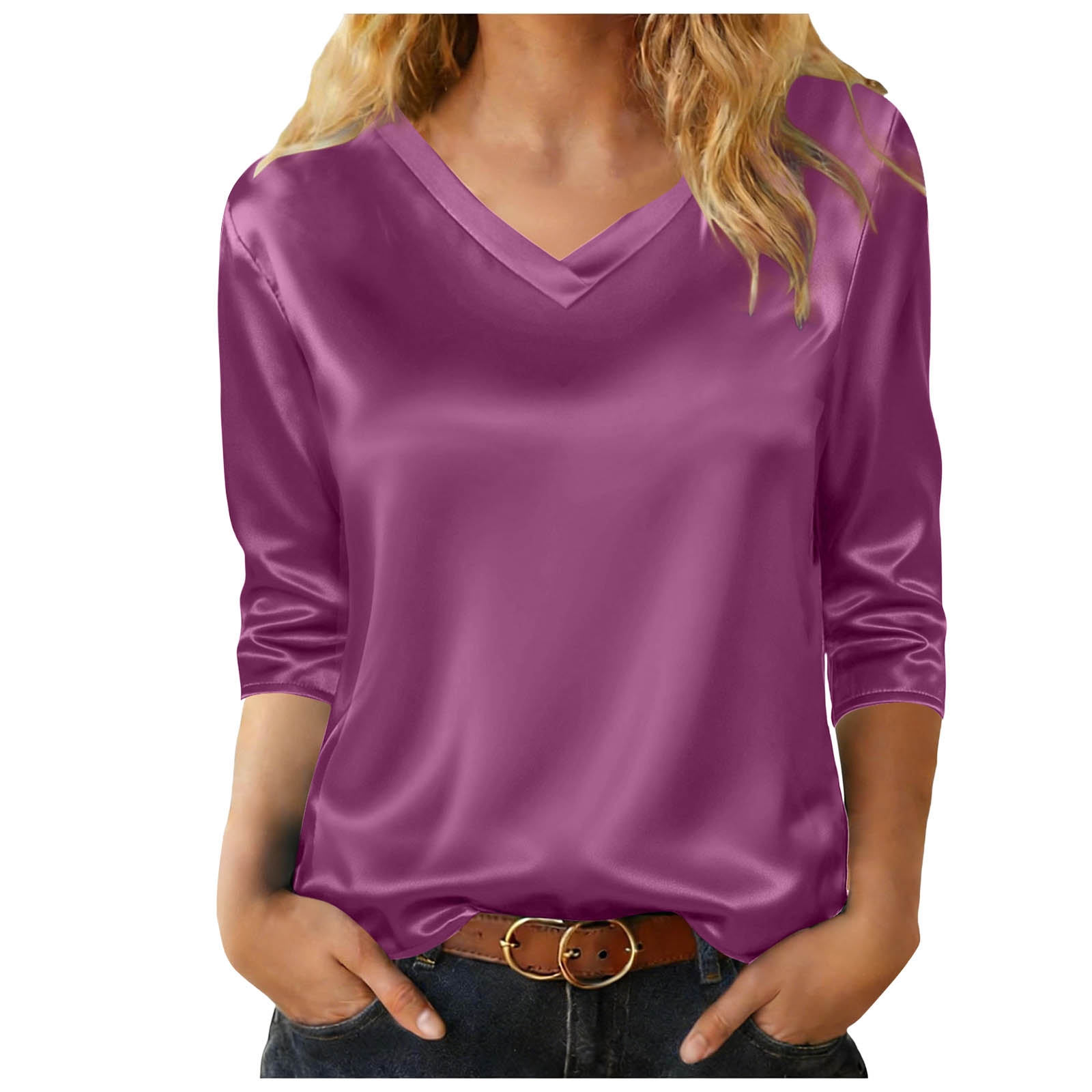 Chemise en satin de soie pour femmes, élégante et décontractée, col en V, manches 3/4, tunique, hauts unis, chemises de travail pour femmes de bureau, chemises décontractées pour le travail