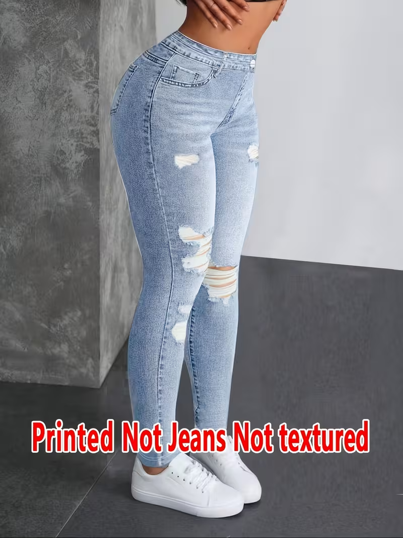 Leggings imprimés – Tissu non en denim, leggings imprimés avec motif imitation denim, avec poches et boutons décoratifs, grande élasticité, nouveauté.