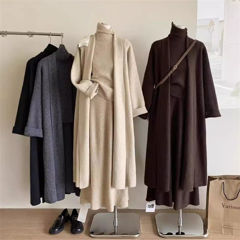 Ensemble pantalon femme trois pièces : Gilets en maille à col roulé, hauts, manteaux mi-longs à manches longues, jupes longues taille élastique, style streetwear Y2K