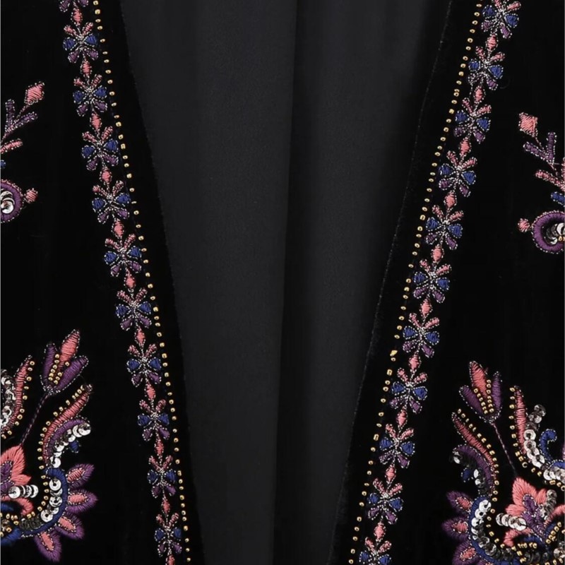 Gilet ouvert en velours pour femme, broderie de fleurs, perles ethniques, paillettes, veste en velours, vacances, 2023
