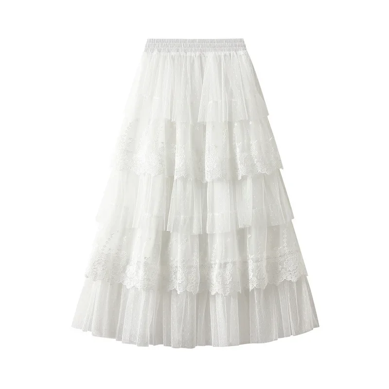 Élégante jupe longue en mousseline patchwork de dentelle, nouvelle jupe plissée taille haute en maille superposée, ligne A romantique à pois pour l'été 0208