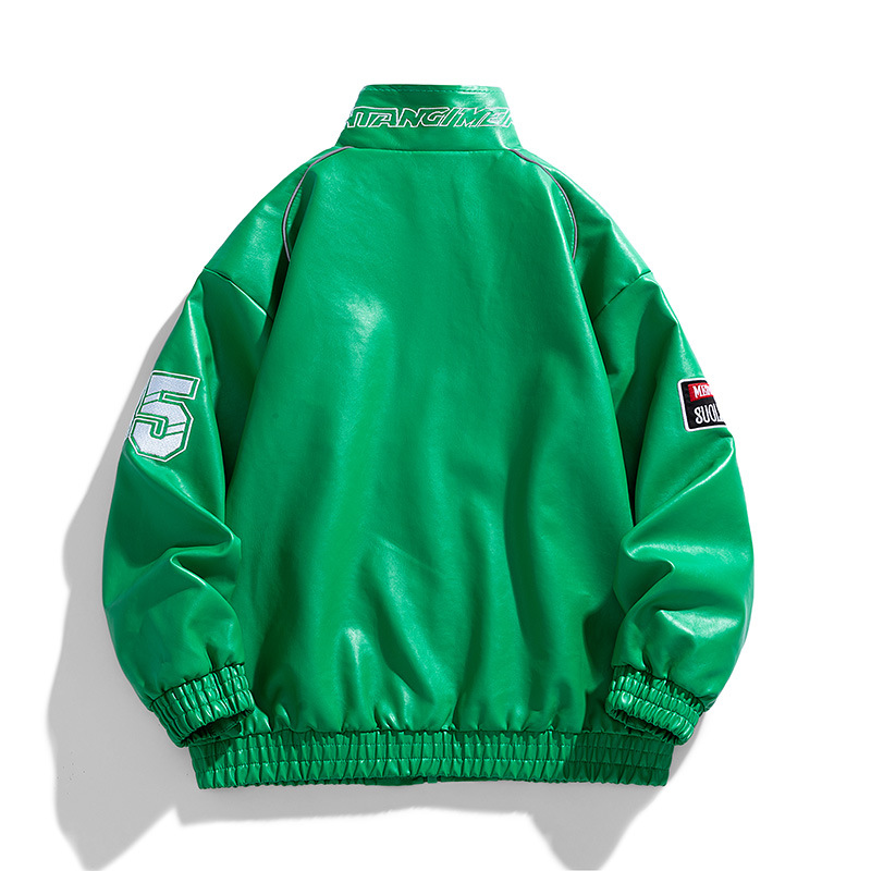 Veste de moto en cuir PU pour homme, manteau de motard rétro, coupe-vent hip hop, broderie de lettres, mode de rue, noir, blanc, vert