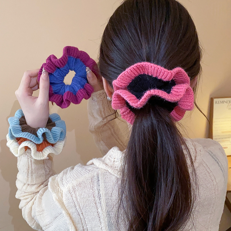 7 styles de grands chouchous tricotés pour femmes, élastiques à blocs de couleur, plissés, à motif floral, pour queue de cheval, accessoires de coiffure mignons M