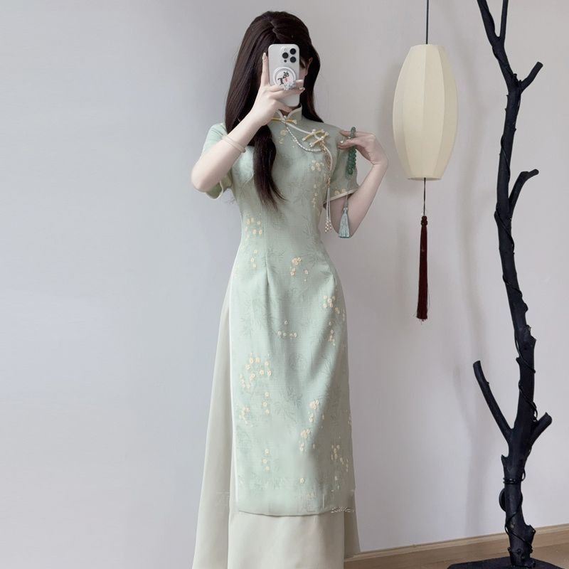 Robe pour femmes, style chinois, cheongsam amélioré, manches courtes, robe mi-longue