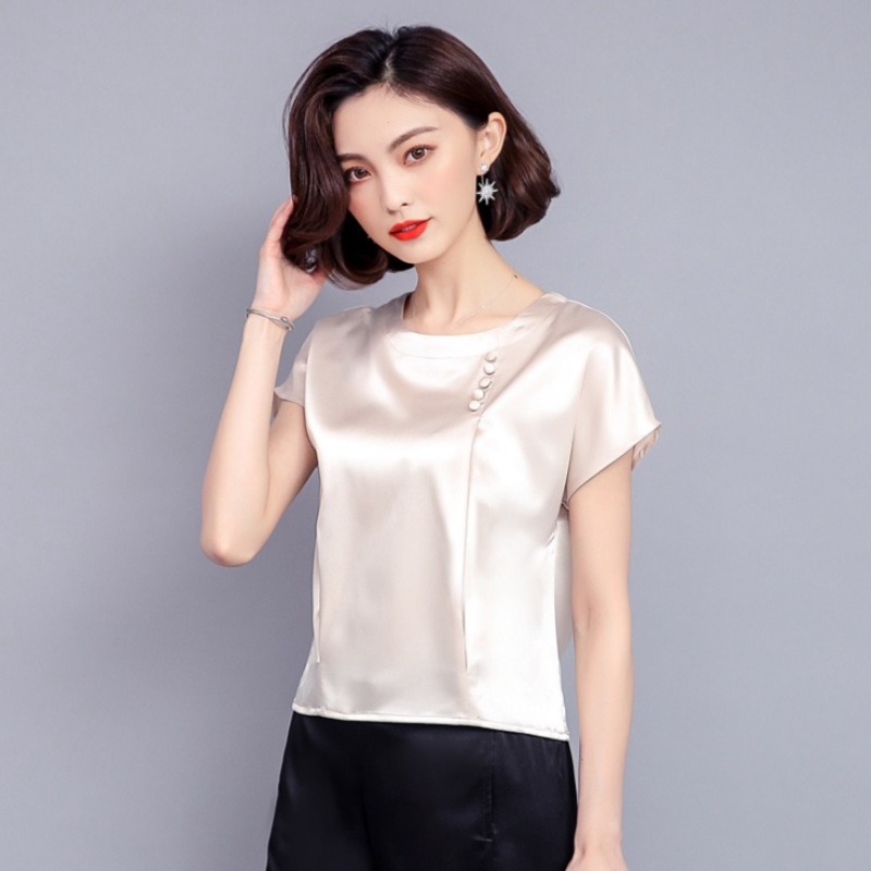 Chemisiers en mousseline de soie pour femmes, couleur unie, style soie, manches courtes, été