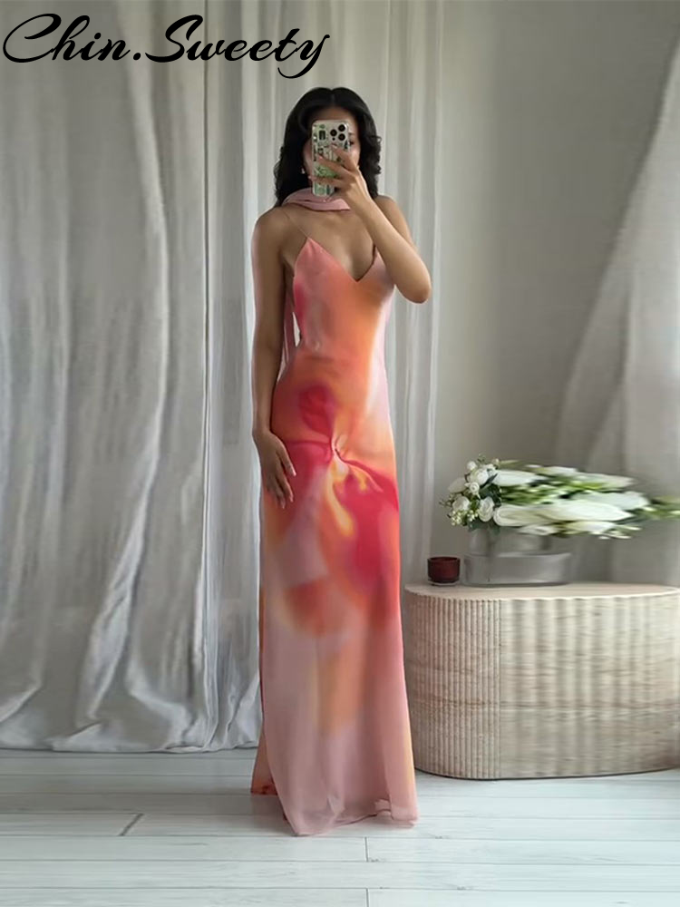 Sexy dégradé imprimé écharpe fronde longue robe femmes fête vacances sans manches dos nu femme robe de soirée 2025 dame robes
