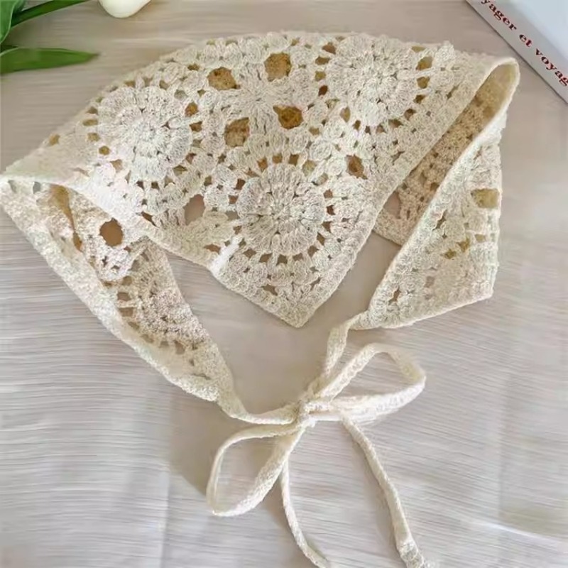 Foulard triangulaire beige pour femme, bandana en crochet, écharpe en maille transparente tricotée, foulard rétro, écharpe polyvalente pour le cou, accessoires pour cheveux