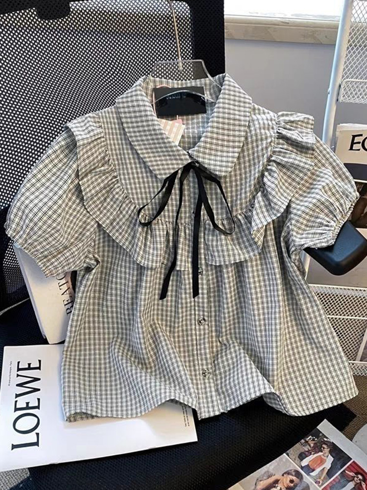 Chemisier à carreaux mignon à volants pour femme, avec manches bouffantes et nœud à lacets, style preppy japonais, mode printemps-été, hauts Kawaii pour femme