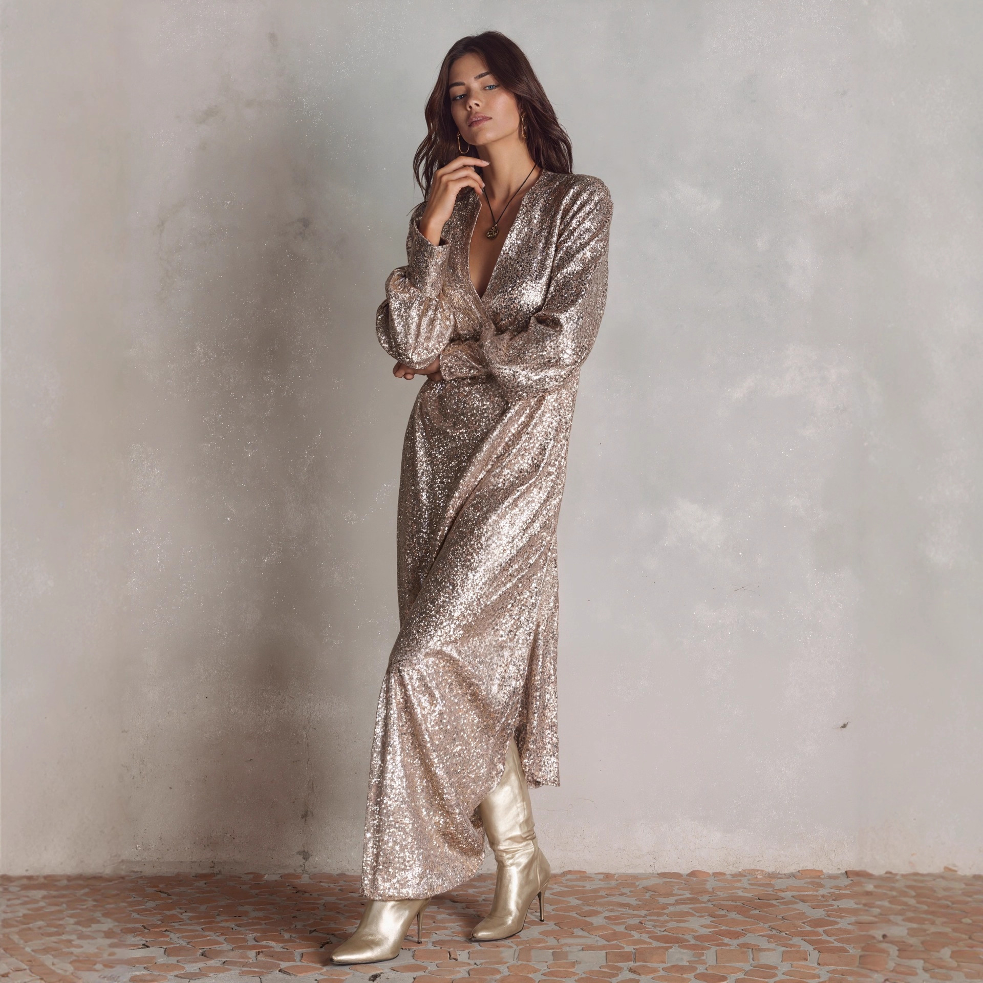 Robe élégante à paillettes pour femmes, fente latérale, manches longues, col en v, ample, Maxi, robes de soirée décontractées, automne hiver 2025