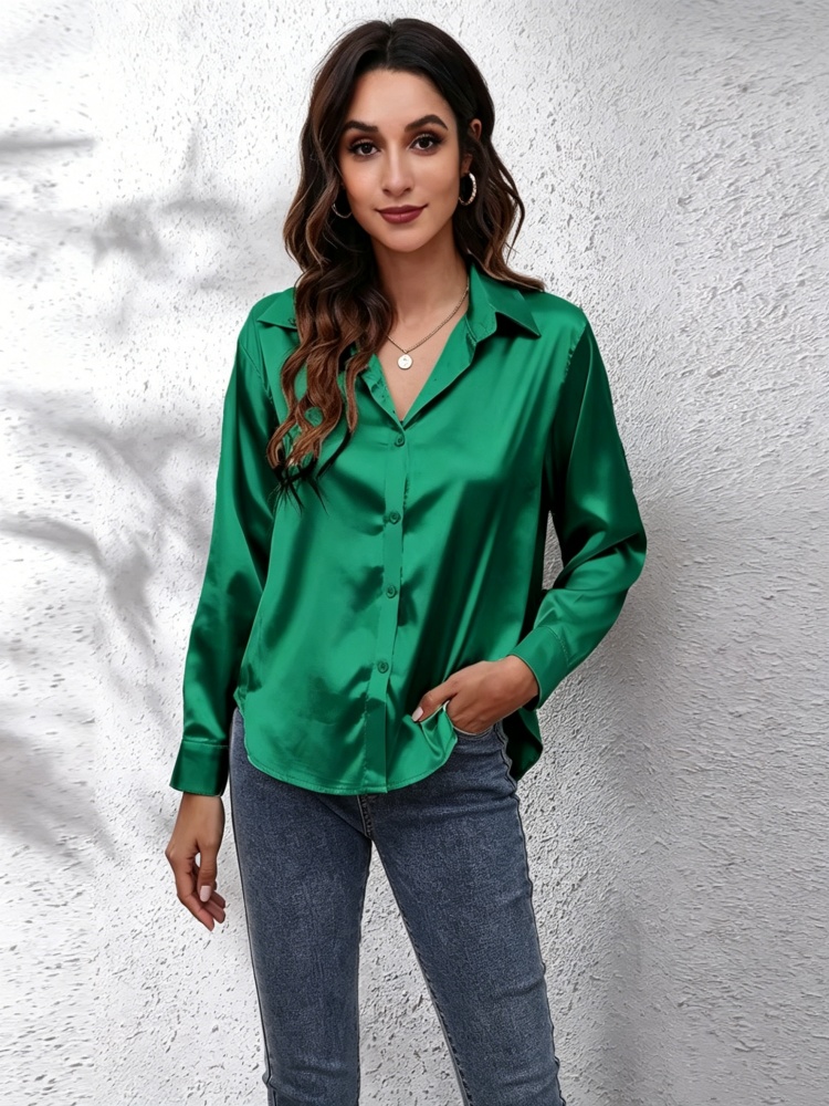 Chemise élégante à manches longues en satin pour femme, col en V, décontractée, pour le bureau ou le travail