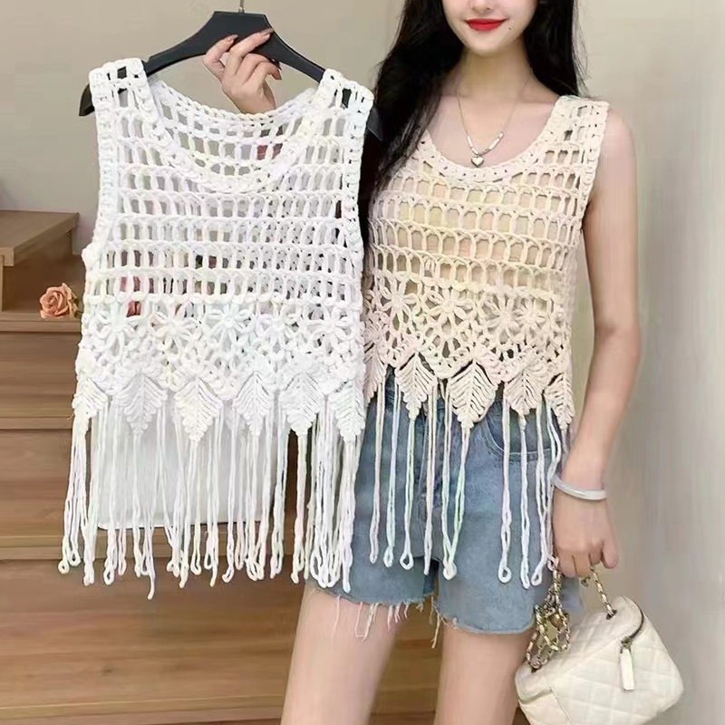 Débardeur en Crochet transparent pour femmes, Cover-Up pour Bikini, ajouré, sans manches, à franges, tenue de plage, de vacances, style Boho, été