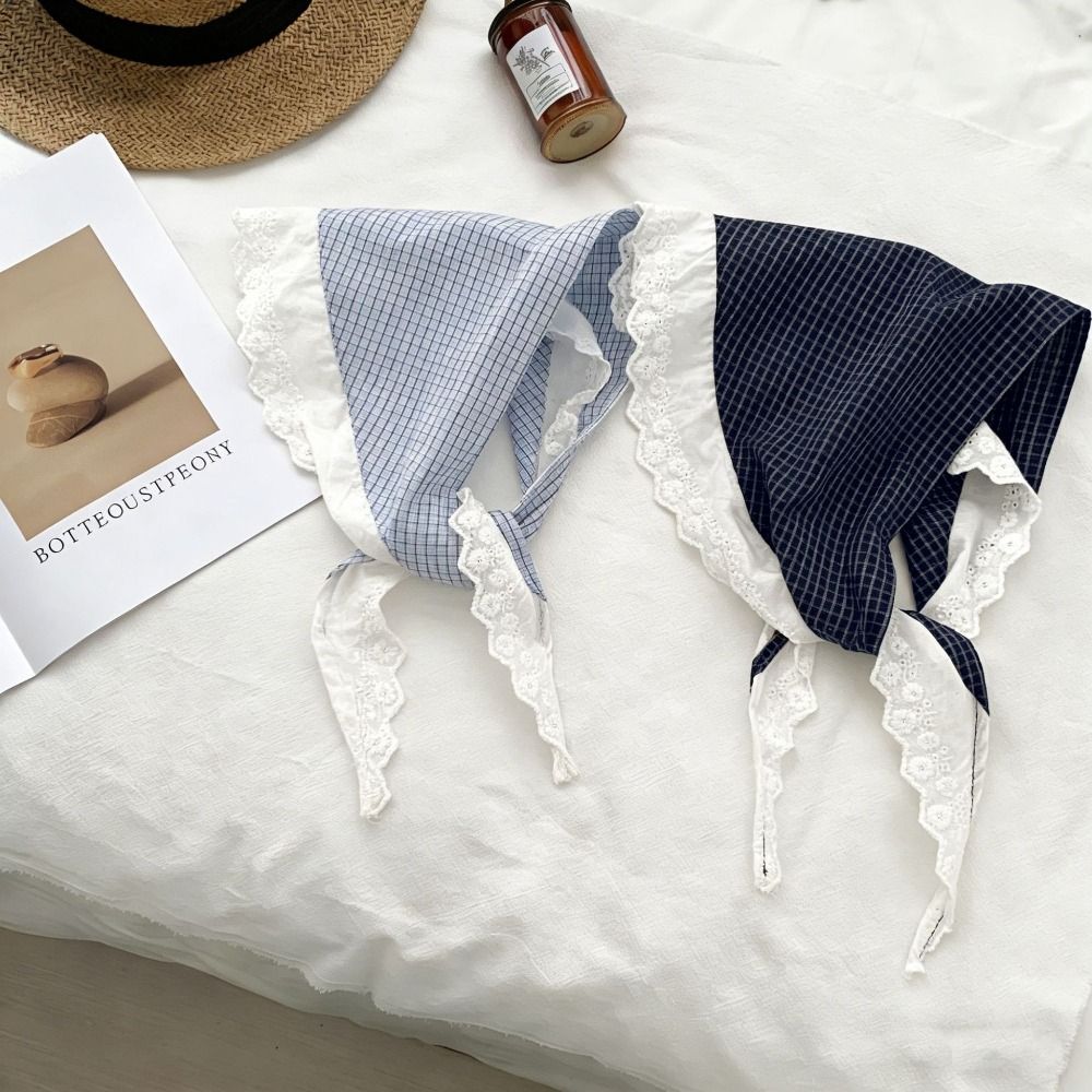 Foulard Triangle en Coton et Lin à Carreaux avec Dentelle Rembourrée pour Femme