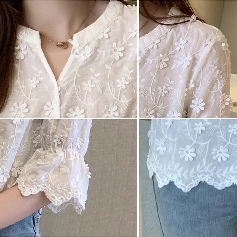 Chemisier en dentelle à manches courtes en coton pour femmes, hauts d'été, broderie florale, chemise blanche, chemisiers décontractés à la mode, 9638
