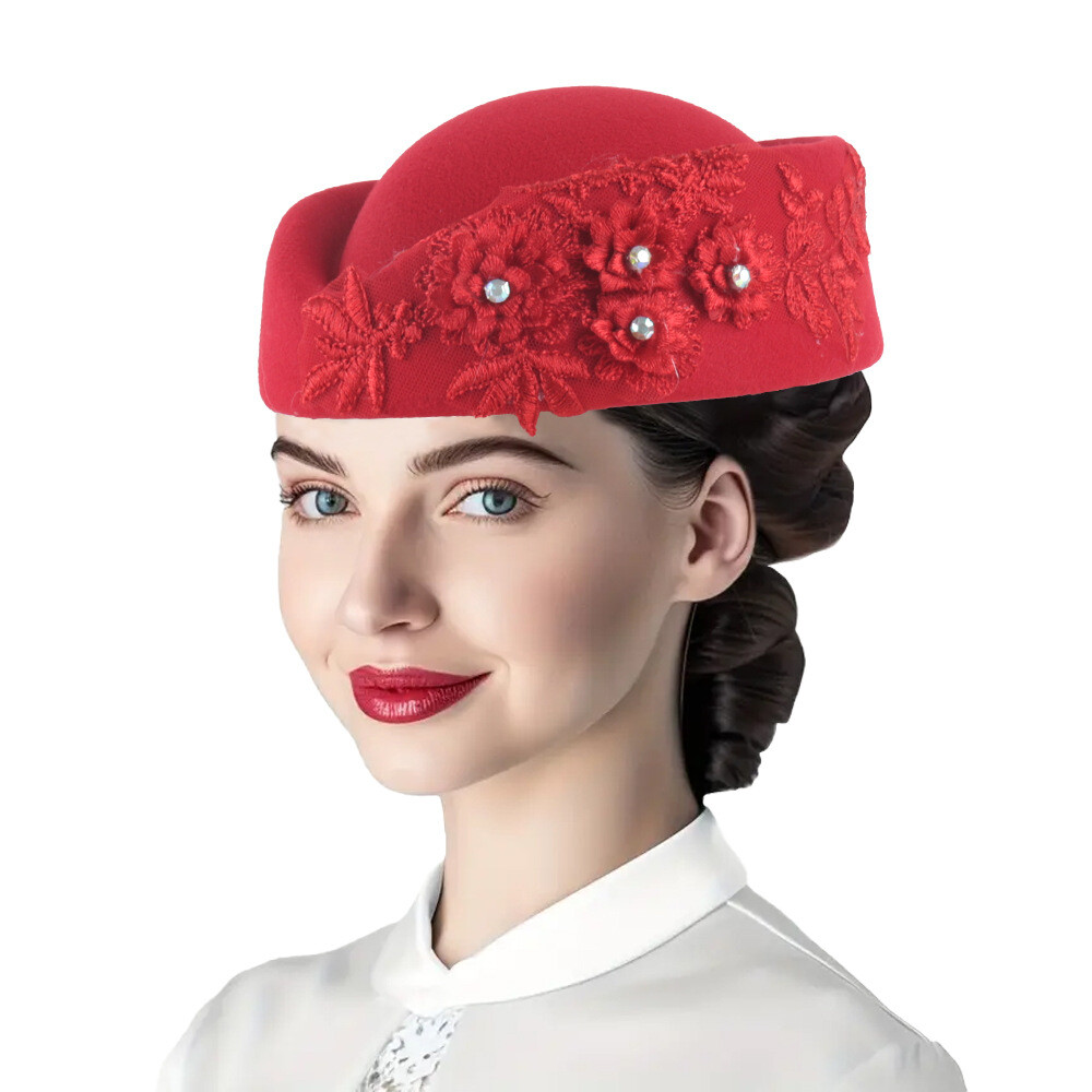 Chapeau Turban en feutre élégant, Vintage, strass, fleur, béret d'église, chapeau pour femmes, hôtesse de l'air, casquette de Cosplay, accessoire de Costume