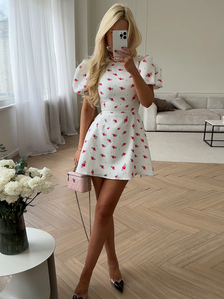 Robes à imprimé floral pour femmes, Streetwear sexy, Manches bouffantes, Col rond, A-ligne, Élégant, Mini, Éducatif, Femme, Slim Fit, Mode