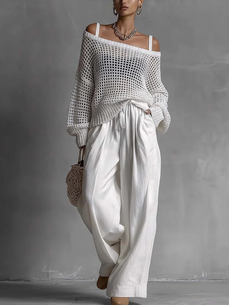 Ensemble 2 pièces mode femme : Haut en maille crochetée à bretelles spaghetti et épaules dénudées, pantalon large à taille coulissante – Tenue décontractée d'été