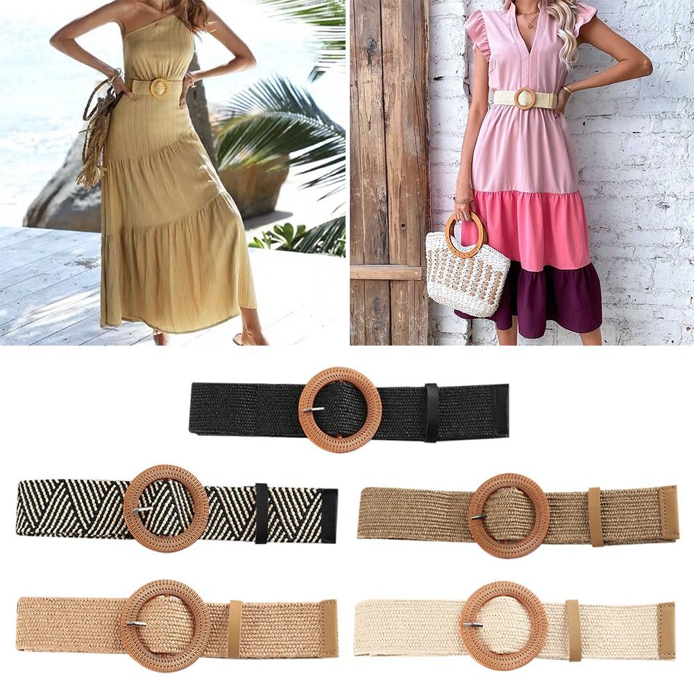 Mode femmes ceinture de paille décontracté bohème large ceinture été tressé ceinture boucle élastique femme paille taille ceinture