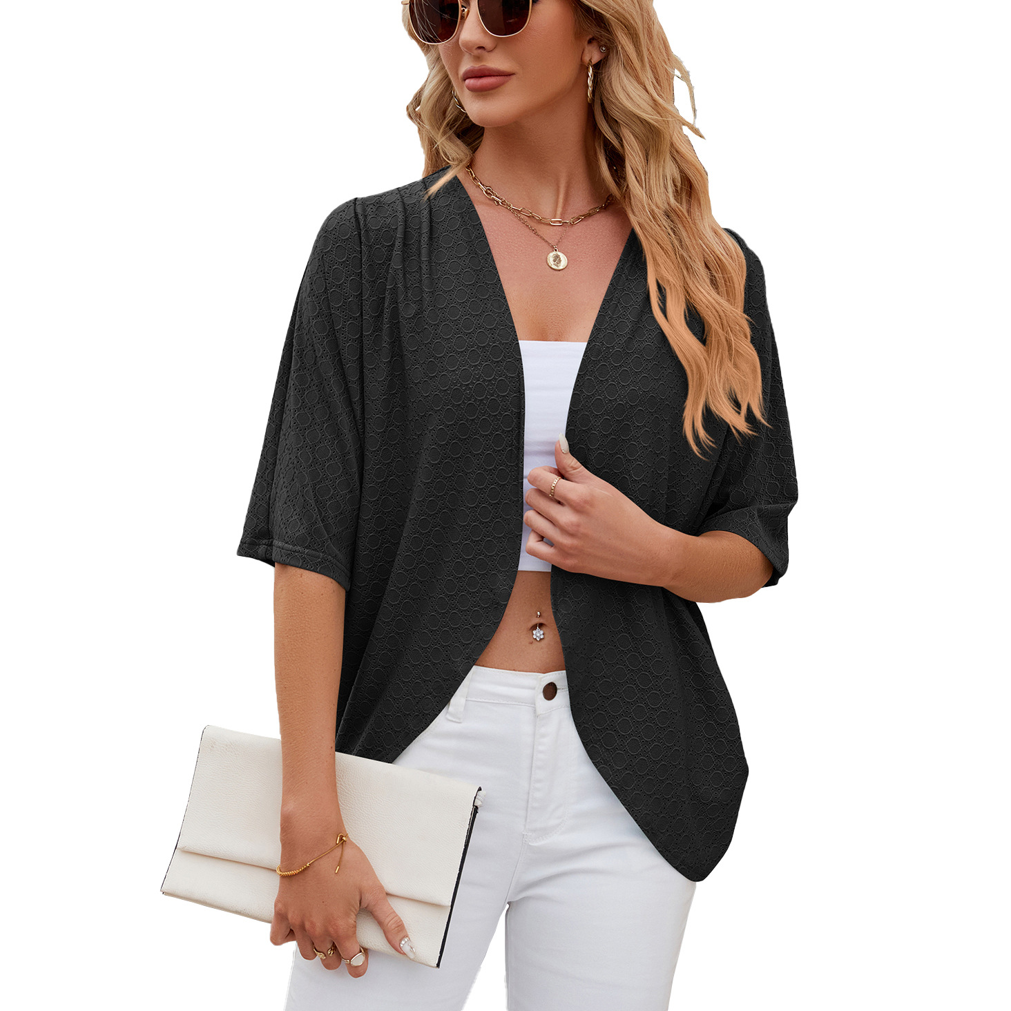 Cardigan court respirant pour femme, élégant, couleur unie, ouvert sur le devant, idéal pour l'été