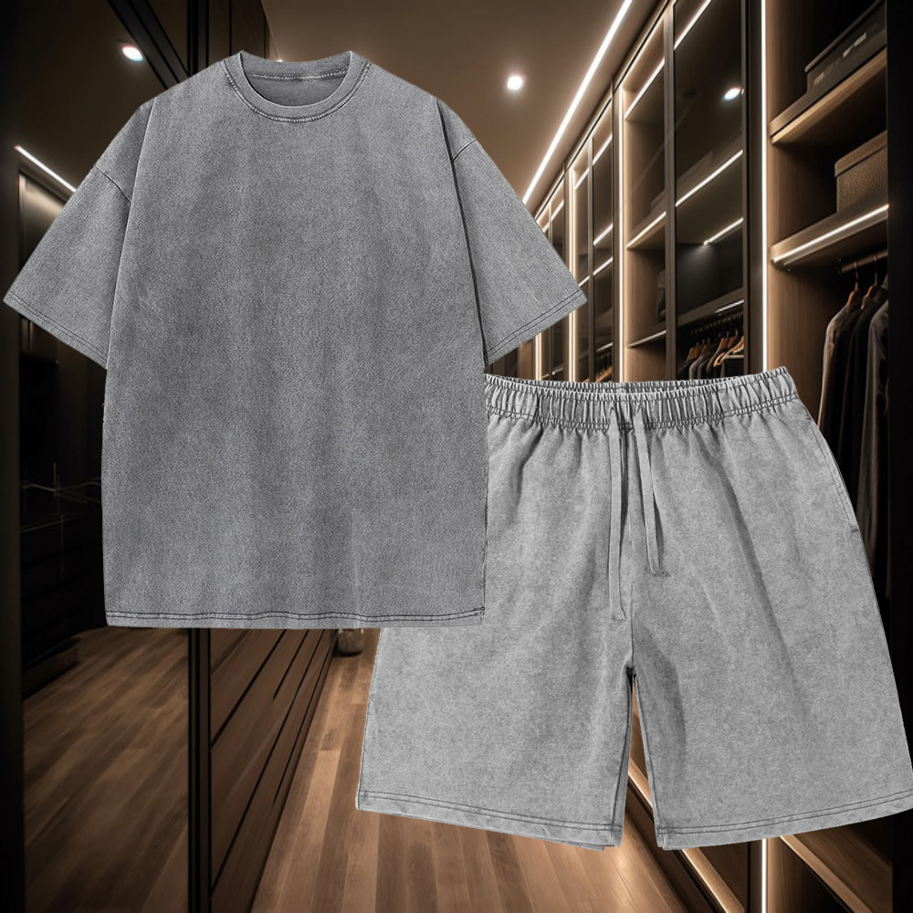 Ensemble de t-shirts 2 pièces en pur coton pour hommes, comprenant un haut de t-shirt délavé et un short ample avec cordons de serrage, parfait pour les occasions décontractées.