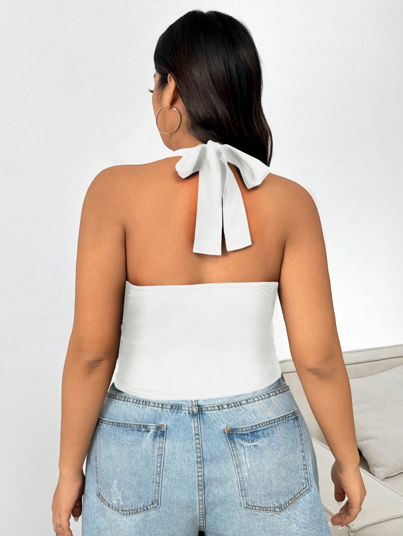 Haut court dos nu sexy pour femme grande taille, col halter, décolleté plongeant en V, à nouer dans le dos